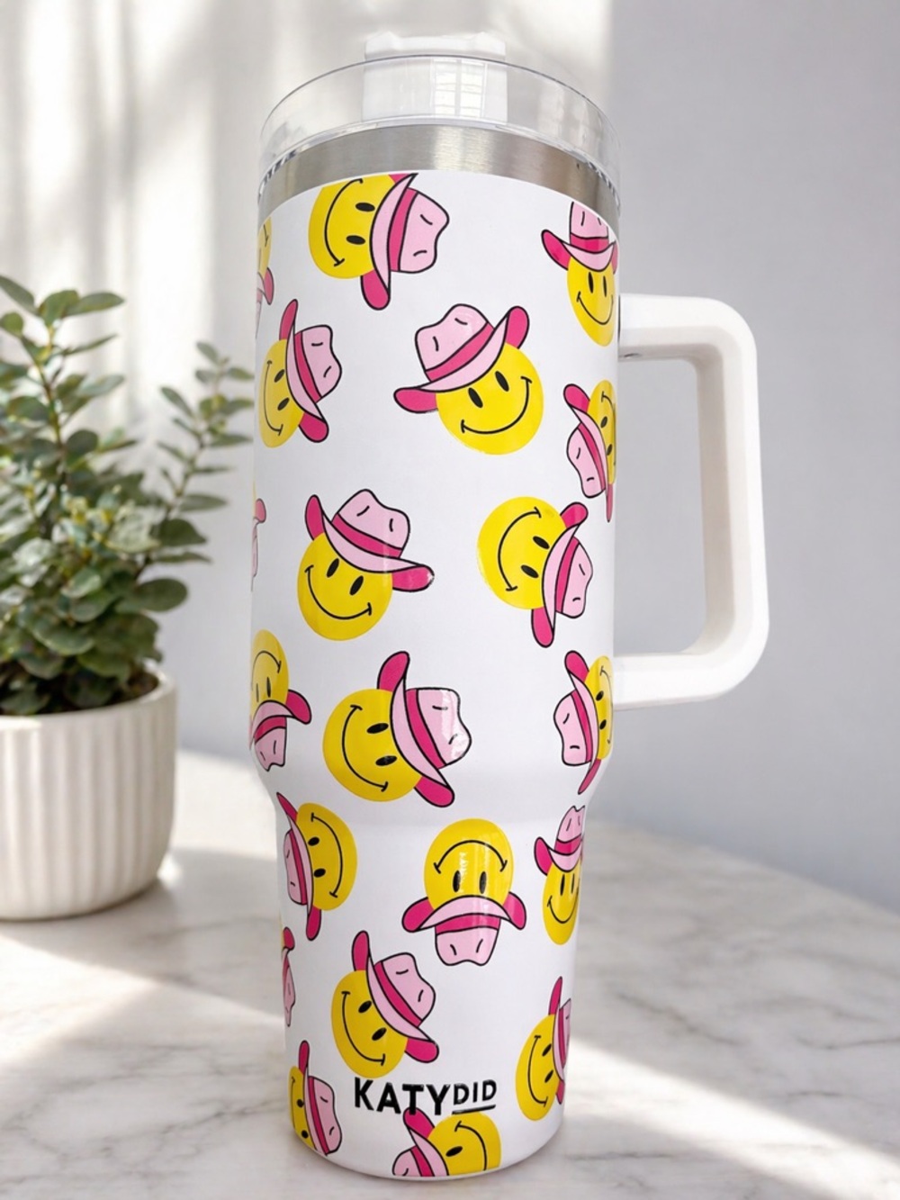 Katydid Pink Hat & Yellow Smiley Travel Mug